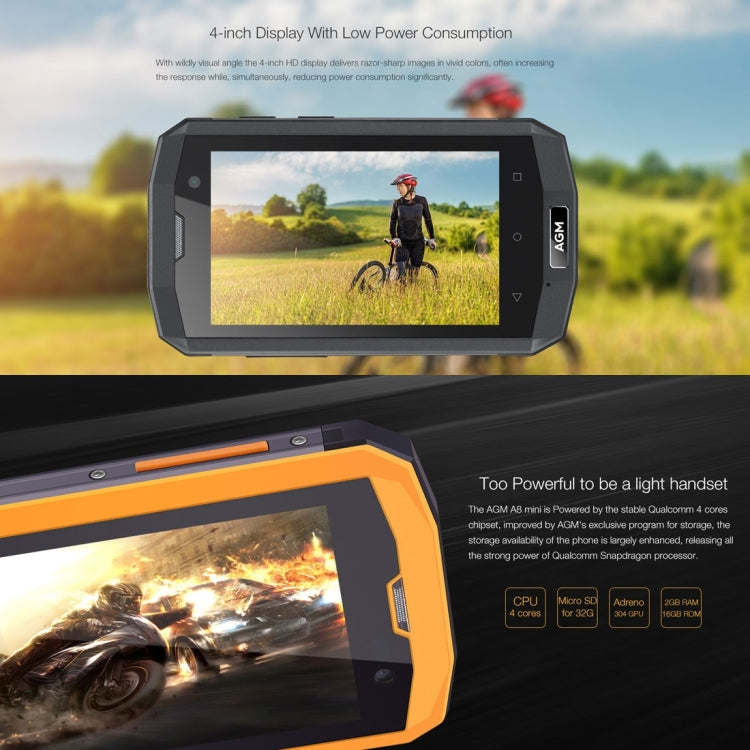 AGM A8 mini Triple Proofing Phone, 1GB+8GB, IP68 Waterproof Dustproof Shockproof, 4.0 inch Android 7.1.1 Qualcomm MSM8909 Quad Core, Network: 4G, Dual SIM, OTG(Black)