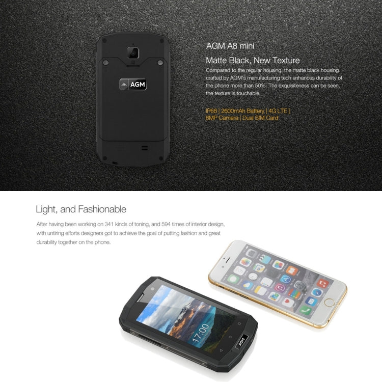 AGM A8 mini Triple Proofing Phone, 1GB+8GB, IP68 Waterproof Dustproof Shockproof, 4.0 inch Android 7.1.1 Qualcomm MSM8909 Quad Core, Network: 4G, Dual SIM, OTG(Black)