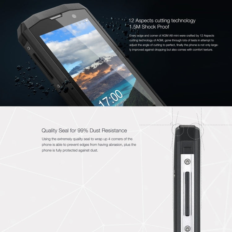 AGM A8 mini Triple Proofing Phone, 1GB+8GB, IP68 Waterproof Dustproof Shockproof, 4.0 inch Android 7.1.1 Qualcomm MSM8909 Quad Core, Network: 4G, Dual SIM, OTG(Black)