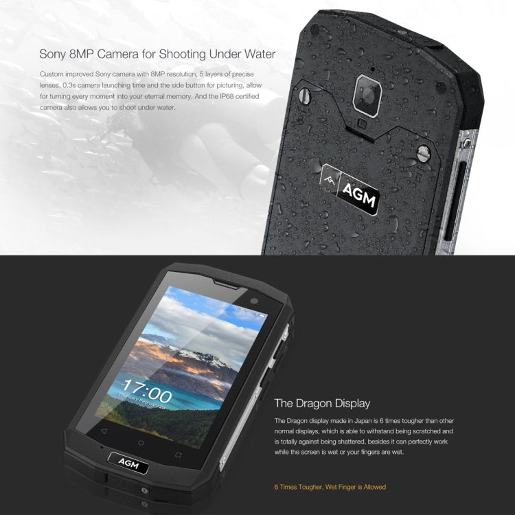 AGM A8 mini Triple Proofing Phone, 1GB+8GB, IP68 Waterproof Dustproof Shockproof, 4.0 inch Android 7.1.1 Qualcomm MSM8909 Quad Core, Network: 4G, Dual SIM, OTG(Black)
