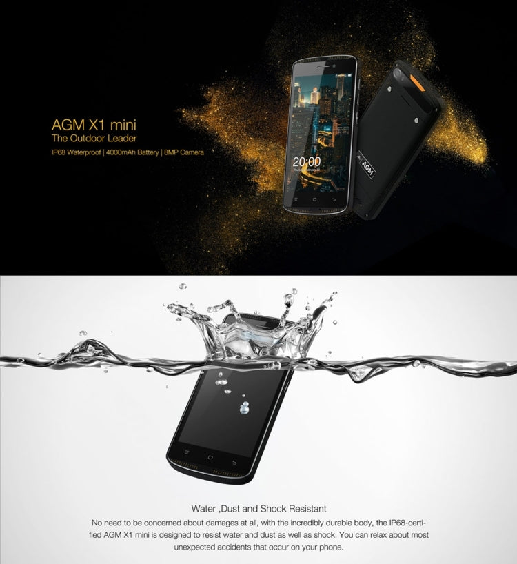 AGM  X1 mini Triple Proofing Phone, 2GB+16GB, 4000mAh Battery, IP68 Waterproof Dustproof Shockproof, 5.0 inch Android 6.0 Qualcomm MSM8909 Quad Core, Network: 4G,  Dual SIM(Black)