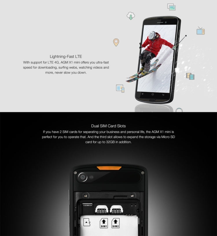 AGM  X1 mini Triple Proofing Phone, 2GB+16GB, 4000mAh Battery, IP68 Waterproof Dustproof Shockproof, 5.0 inch Android 6.0 Qualcomm MSM8909 Quad Core, Network: 4G,  Dual SIM(Black)