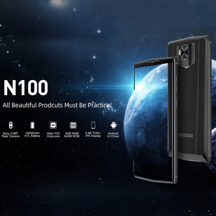 [HK Warehouse] DOOGEE N100, 4GB+64GB, Dual Back Cameras, Face ID & Fingerprint Identification, 10000mAh Battery, 5.99 inch Android 9.0 Pie MTK6763 Helio P23 Octa Core up to 2.0GHz, Network: 4G, Dual SIM (Dark Knight)