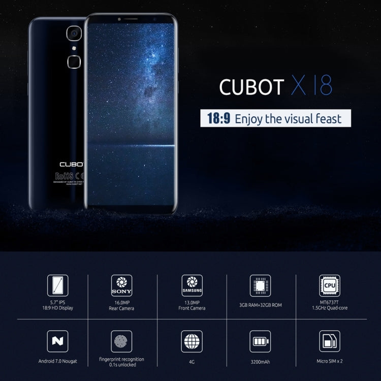 [HK Warehouse] CUBOT X18, 3GB+32GB, Fingerprint Identification, 5.7 inch Android 7.0 MTK6737T Quad-Core up to 1.5GHz,  Network: 4G, Dual SIM