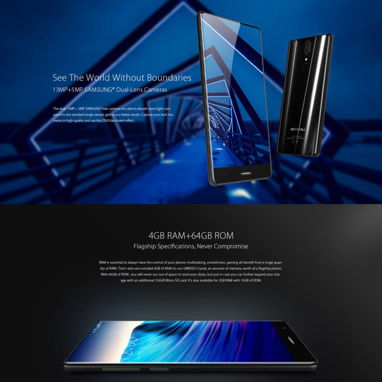 [HK Warehouse] UMIDIGI Crystal, 4GB+64GB, Dual Back Cameras, Fingerprint Identification, 5.5 inch Sharp Full Screen, Android 7.0 MTK6750T Octa Core up to 1.5GHz, Network: 4G, Dual SIM, OTG (Black)