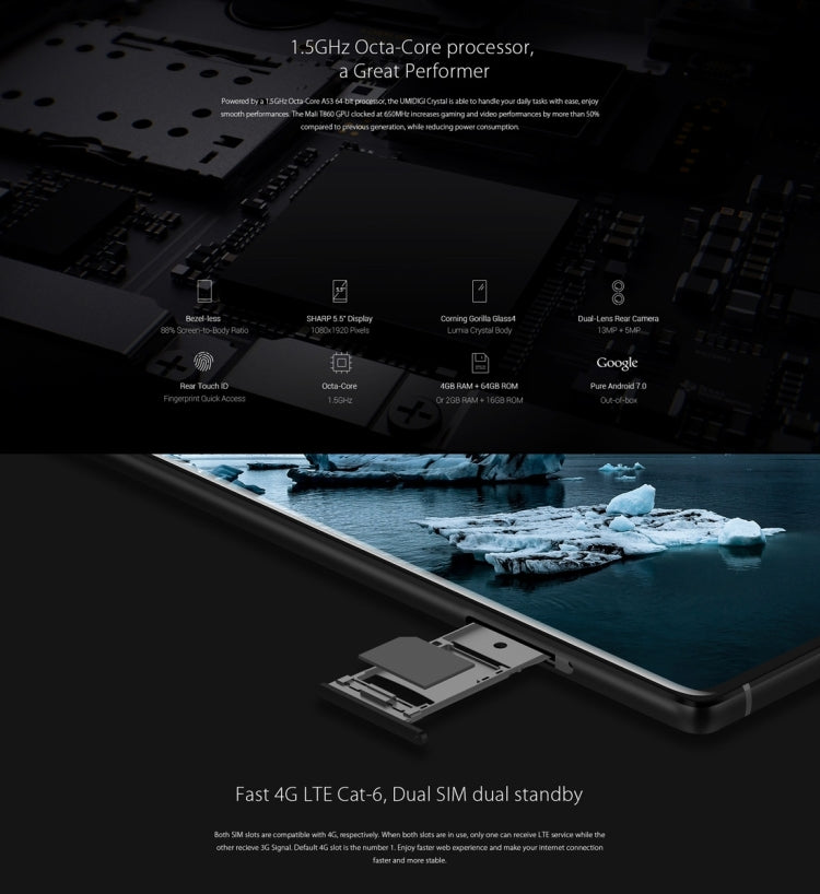 [HK Warehouse] UMIDIGI Crystal, 4GB+64GB, Dual Back Cameras, Fingerprint Identification, 5.5 inch Sharp Full Screen, Android 7.0 MTK6750T Octa Core up to 1.5GHz, Network: 4G, Dual SIM, OTG (Black)
