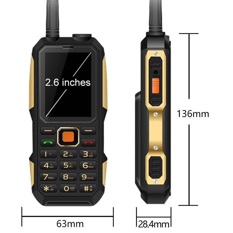 007W Walkie Talkie Mobile Phone, Waterproof Dustproof Shockproof, 3500mAh Battery, 2.6 inch, MTK6261DA, 21 Keys, Network: 2G, Bluetooth, SOS, Tachograph