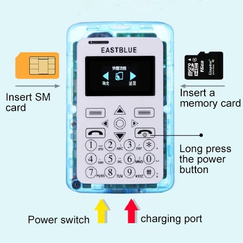 EASTBLUE V6 Card Mobile Phone, Transparent Body,  Bluetooth, FM, 21 Keys, Colorful Lights, Low Radiation, MP3, TF, GSM