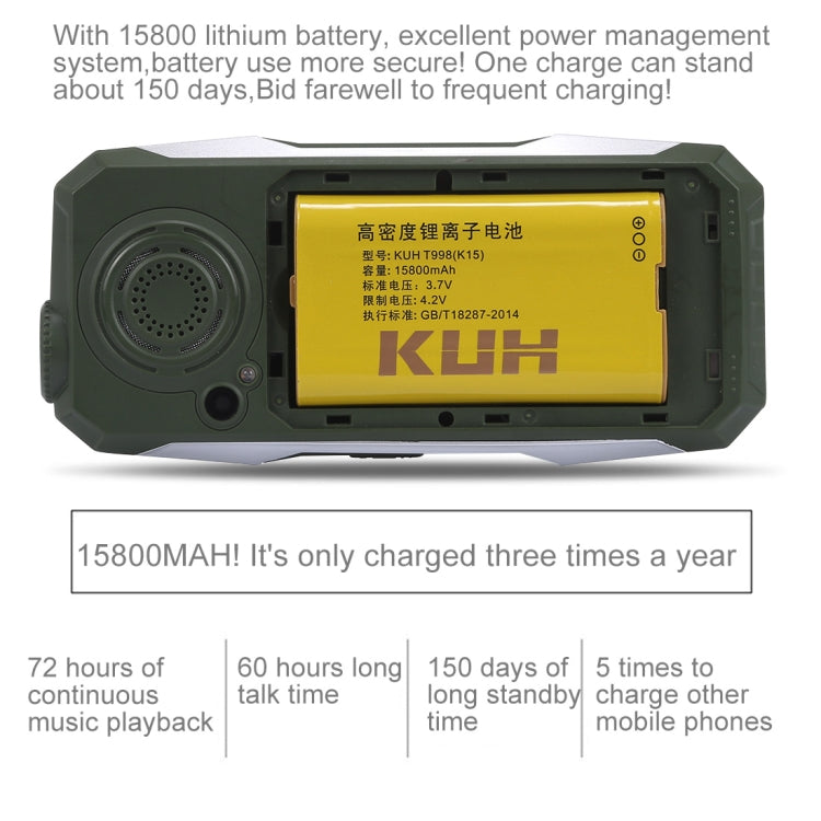 KUH T998 Triple Proofing Elder Phone, Anti-pressure Shockproof Dustproof, 15800mAh Large Capacity Battery, 2.4 inch, 21 Keys, Big Keys, Bluetooth, LED Flashlight, FM, Dual SIM(Silver)