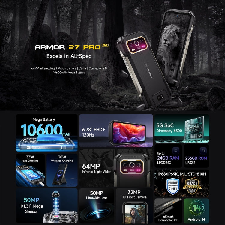 [HK Warehouse] Ulefone Armor 27 Pro Rugged Phone, 12GB+256GB, Night Vision, 10600mAh, 6.78 inch Android 14 MediaTek Dimensity 6300 Octa Core, Network: 5G, NFC  - Black