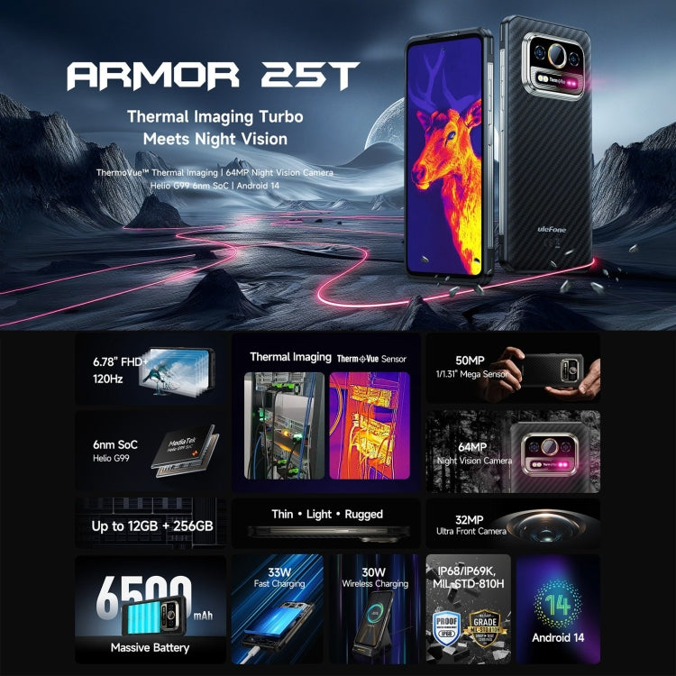 [HK Warehouse] Ulefone Armor 25T Rugged Phone, 6GB+256GB, Thermal Imaging, 6.78 inch Android 14 MediaTek Helio G99 Octa Core, Network: 4G, NFC, OTG  - Black