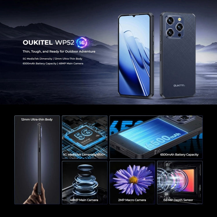 [HK Warehouse] Oukitel WP52 5G Rugged Phone, 4GB+256GB, 6.6 inch Android 14.0 MediaTek Dimensity 6100+ Octa-core, NFC, OTG, Network: 5G