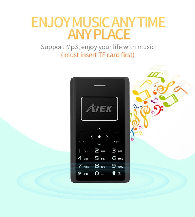 Aiek X7 Card Mobile Phone, Network: 2G, 0.96 inch Screen, Support MP3, LED Torch, FM, Alarm, QQ Function, 8GB TF Card