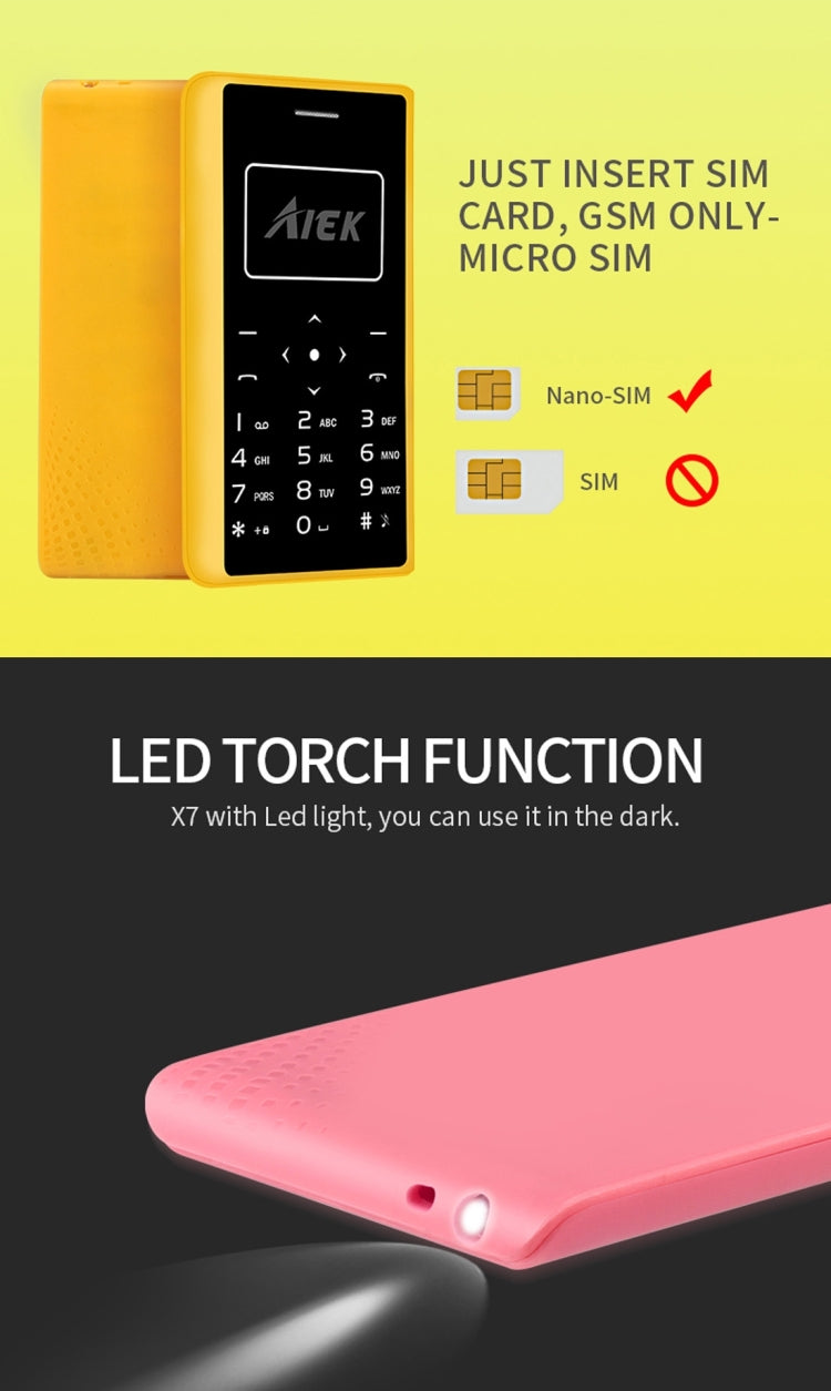 Aiek X7 Card Mobile Phone, Network: 2G, 0.96 inch Screen, Support MP3, LED Torch, FM, Alarm, QQ Function, 8GB TF Card