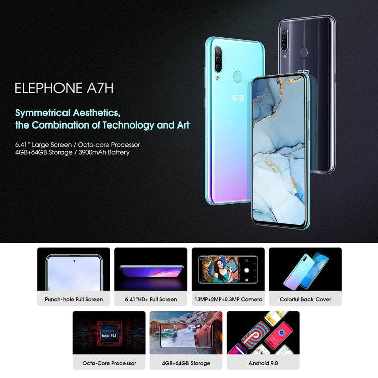 [HK Warehouse] ELEPHONE A7H, 4GB+64GB, Triple Back Cameras, Fingerprint Identification, 6.41 inch Punch-hole Screen Android 9.0 MTK6763V/V Helio P23 Octa Core up to 2.0GHz, Network: 4G, OTG
