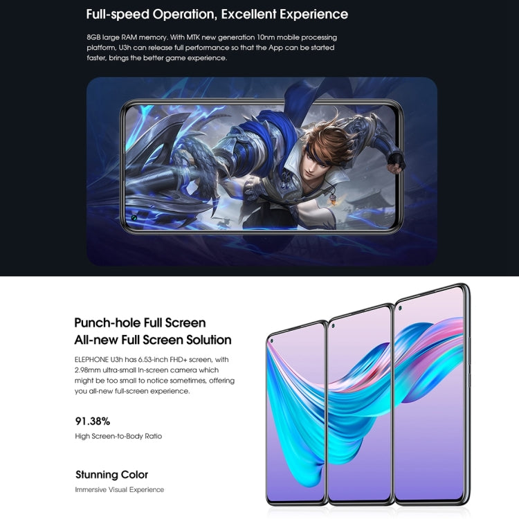 [HK Warehouse] ELEPHONE U3H / E6006, 48MP Camera, 6GB+128GB, Dual Back Cameras, Fingerprint Identification, 6.53 inch Punch-hole Screen Android  9.0 MTK6771T Helio P70 Octa Core up to 2.0GHz, Network: 4G, OTG(Black)