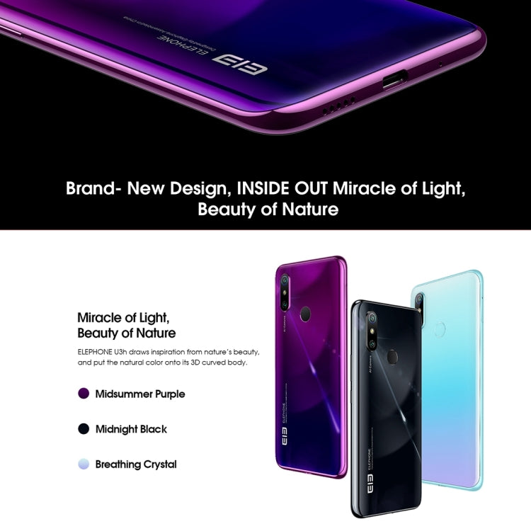 [HK Warehouse] ELEPHONE U3H / E6006, 48MP Camera, 6GB+128GB, Dual Back Cameras, Fingerprint Identification, 6.53 inch Punch-hole Screen Android  9.0 MTK6771T Helio P70 Octa Core up to 2.0GHz, Network: 4G, OTG(Black)