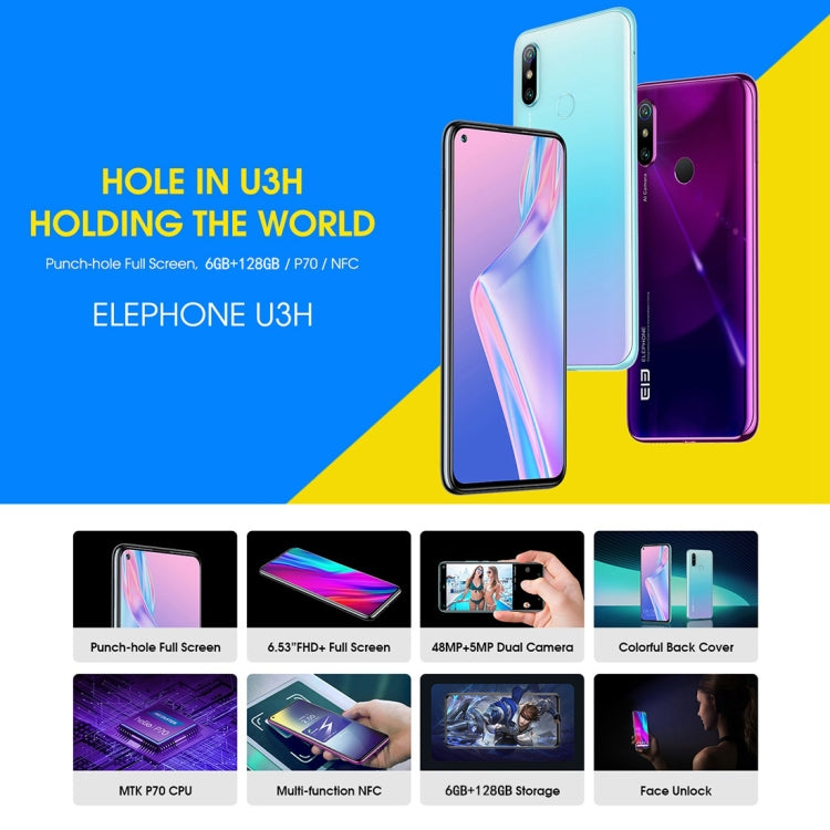 [HK Warehouse] ELEPHONE U3H / E6006, 48MP Camera, 6GB+128GB, Dual Back Cameras, Fingerprint Identification, 6.53 inch Punch-hole Screen Android  9.0 MTK6771T Helio P70 Octa Core up to 2.0GHz, Network: 4G, OTG(Black)
