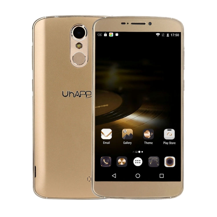 UHAPPY UP350, 2GB+16GB, Rear Fingerprint Unlocking, Dual SIM, Dual Camera, 2.5D 5.5 inch Android 6.0 Marshmallow MTK6737 Quad Core 1.3GHz, RAM: 2GB, Support OTG, WiFi, Bluetooth, GPS, FM, G-sensor, Network: 4G(Gold)