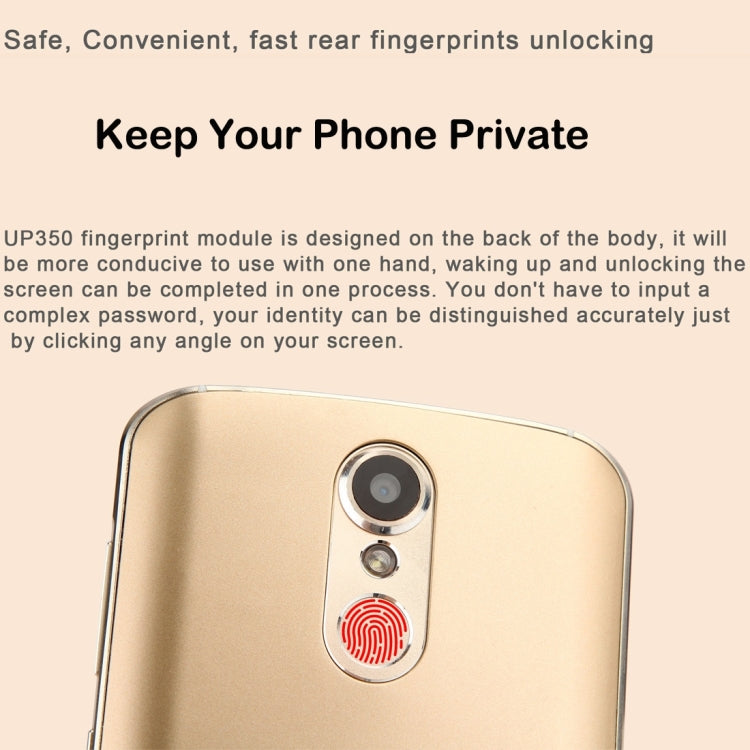 UHAPPY UP350, 2GB+16GB, Rear Fingerprint Unlocking, Dual SIM, Dual Camera, 2.5D 5.5 inch Android 6.0 Marshmallow MTK6737 Quad Core 1.3GHz, RAM: 2GB, Support OTG, WiFi, Bluetooth, GPS, FM, G-sensor, Network: 4G(Gold)