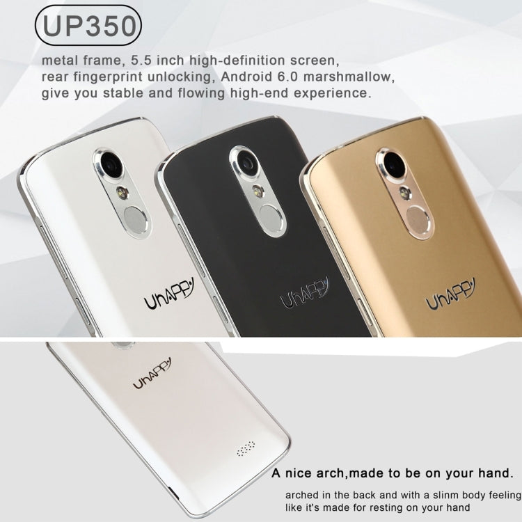 UHAPPY UP350, 2GB+16GB, Rear Fingerprint Unlocking, Dual SIM, Dual Camera, 2.5D 5.5 inch Android 6.0 Marshmallow MTK6737 Quad Core 1.3GHz, RAM: 2GB, Support OTG, WiFi, Bluetooth, GPS, FM, G-sensor, Network: 4G(Gold)