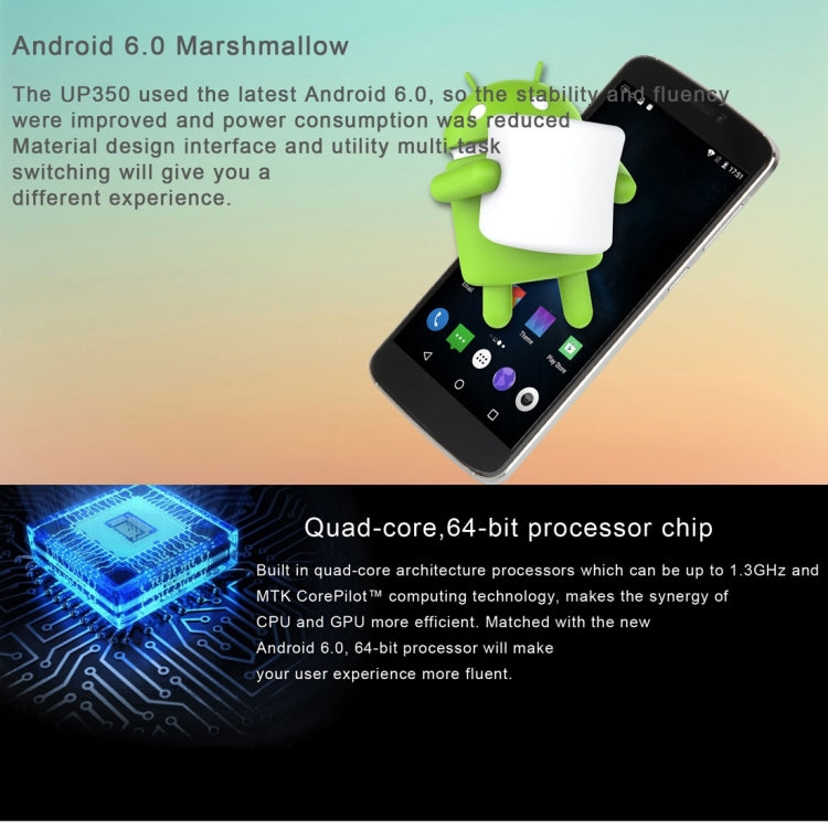 UHAPPY UP350, 2GB+16GB, Rear Fingerprint Unlocking, Dual SIM, Dual Camera, 2.5D 5.5 inch Android 6.0 Marshmallow MTK6737 Quad Core 1.3GHz, RAM: 2GB, Support OTG, WiFi, Bluetooth, GPS, FM, G-sensor, Network: 4G(Gold)