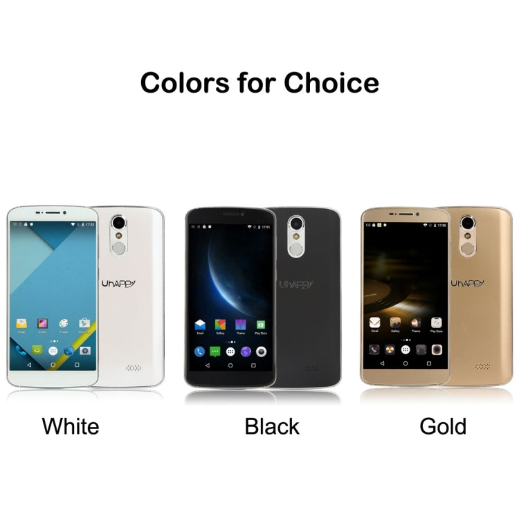UHAPPY UP350, 2GB+16GB, Rear Fingerprint Unlocking, Dual SIM, Dual Camera, 2.5D 5.5 inch Android 6.0 Marshmallow MTK6737 Quad Core 1.3GHz, RAM: 2GB, Support OTG, WiFi, Bluetooth, GPS, FM, G-sensor, Network: 4G(Gold)