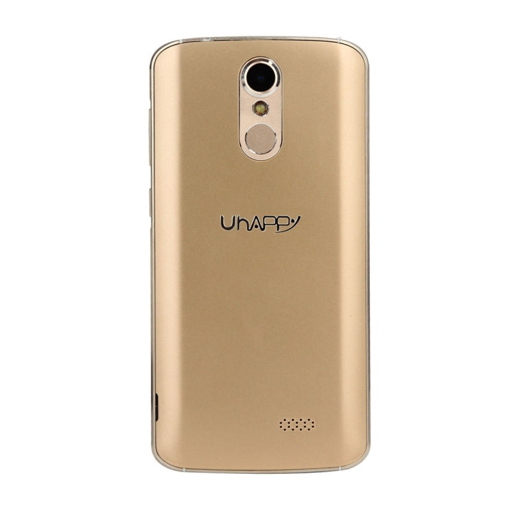 UHAPPY UP350, 2GB+16GB, Rear Fingerprint Unlocking, Dual SIM, Dual Camera, 2.5D 5.5 inch Android 6.0 Marshmallow MTK6737 Quad Core 1.3GHz, RAM: 2GB, Support OTG, WiFi, Bluetooth, GPS, FM, G-sensor, Network: 4G(Gold)