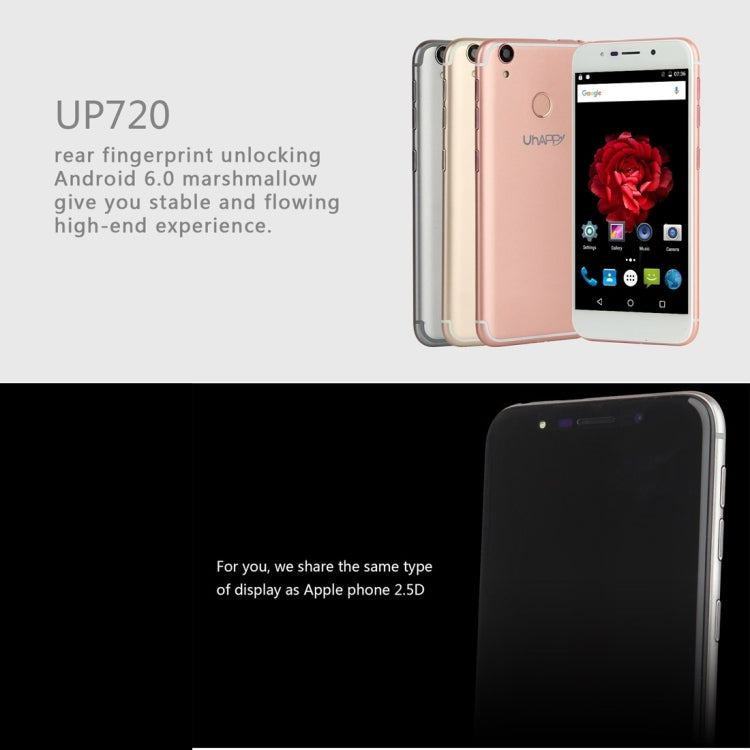 UHAPPY UP720, 2GB+16GB, Rear Fingerprint Unlocking, Dual SIM, Dual Camera, 2.5D 5.0 inch Android 6.0 MTK6737 Quad Core 1.3GHz, Support WiFi, Bluetooth, GPS, FM, G-sensor, Network: 4G