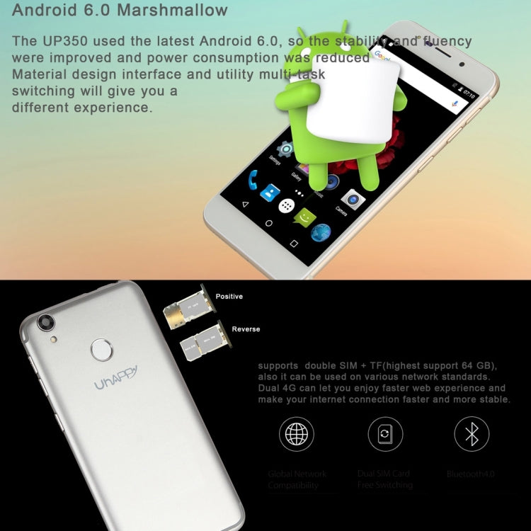 UHAPPY UP720, 2GB+16GB, Rear Fingerprint Unlocking, Dual SIM, Dual Camera, 2.5D 5.0 inch Android 6.0 MTK6737 Quad Core 1.3GHz, Support WiFi, Bluetooth, GPS, FM, G-sensor, Network: 4G