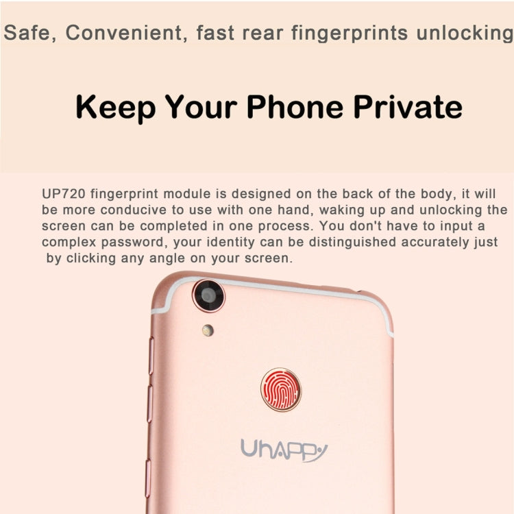UHAPPY UP720, 2GB+16GB, Rear Fingerprint Unlocking, Dual SIM, Dual Camera, 2.5D 5.0 inch Android 6.0 MTK6737 Quad Core 1.3GHz, Support WiFi, Bluetooth, GPS, FM, G-sensor, Network: 4G