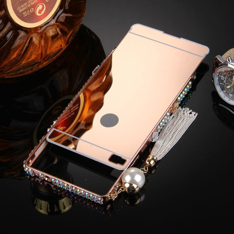 For Huawei  P8 Pearl Chain Pendant Diamond Encrusted Electroplating Mirror PC Protective Cover Case(Rose Gold)