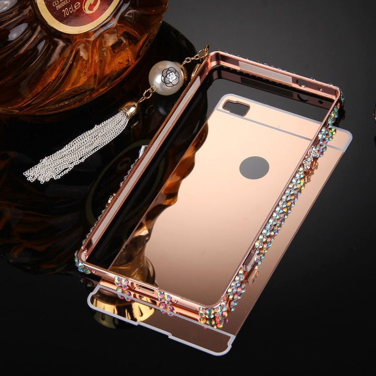For Huawei  P8 Pearl Chain Pendant Diamond Encrusted Electroplating Mirror PC Protective Cover Case(Rose Gold)