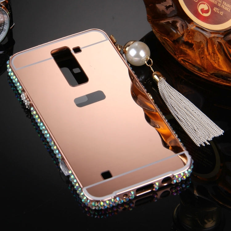 For LG K7 Pearl Chain Pendant Diamond Encrusted Electroplating Mirror PC Protective Cover Case(Rose Gold)