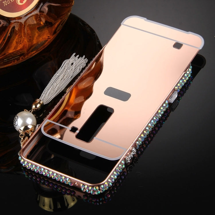For LG K7 Pearl Chain Pendant Diamond Encrusted Electroplating Mirror PC Protective Cover Case(Rose Gold)