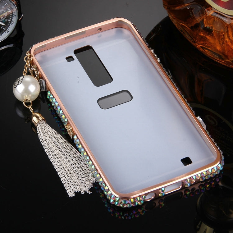 For LG K7 Pearl Chain Pendant Diamond Encrusted Electroplating Mirror PC Protective Cover Case(Rose Gold)