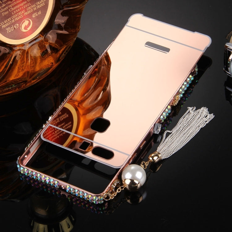 For Huawei  P9 Pearl Chain Pendant Diamond Encrusted Electroplating Mirror PC Protective Cover Case(Rose Gold)