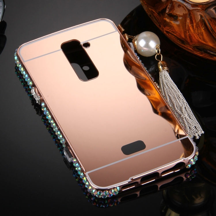 For LG G2 Pearl Chain Pendant Diamond Encrusted Electroplating Mirror PC Protective Cover Case(Rose Gold)