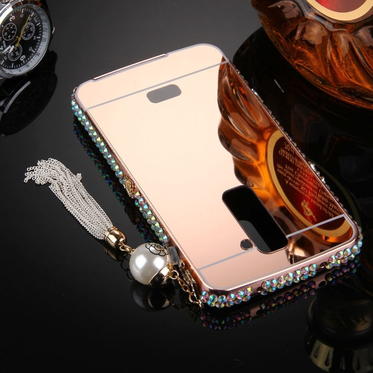 For LG G2 Pearl Chain Pendant Diamond Encrusted Electroplating Mirror PC Protective Cover Case(Rose Gold)