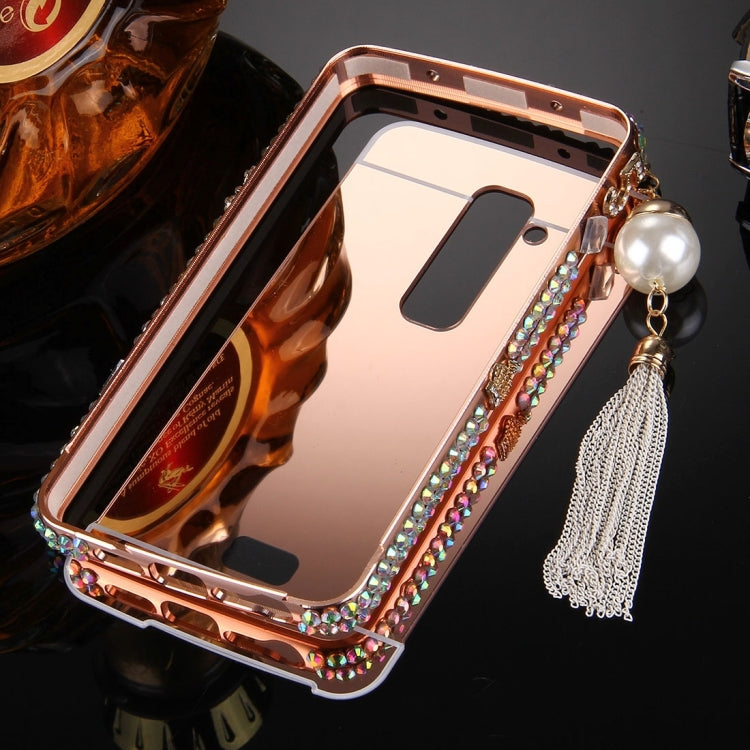 For LG G2 Pearl Chain Pendant Diamond Encrusted Electroplating Mirror PC Protective Cover Case(Rose Gold)