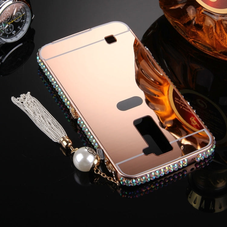 For LG K10 Pearl Chain Pendant Diamond Encrusted Electroplating Mirror PC Protective Cover Case(Rose Gold)
