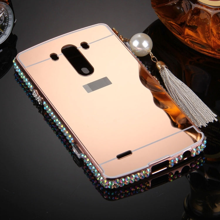 For LG G3 Pearl Chain Pendant Diamond Encrusted Electroplating Mirror PC Protective Cover Case(Rose Gold)