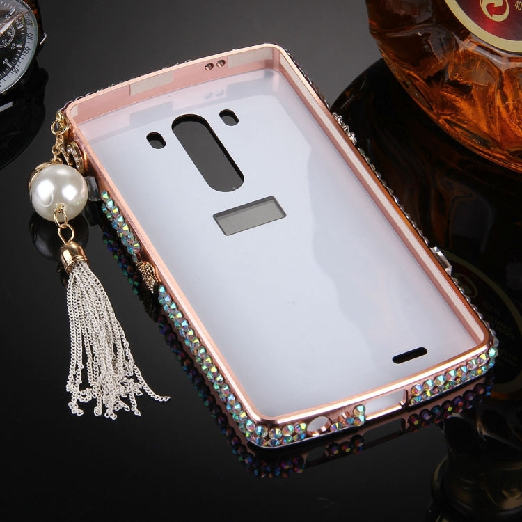 For LG G3 Pearl Chain Pendant Diamond Encrusted Electroplating Mirror PC Protective Cover Case(Rose Gold)
