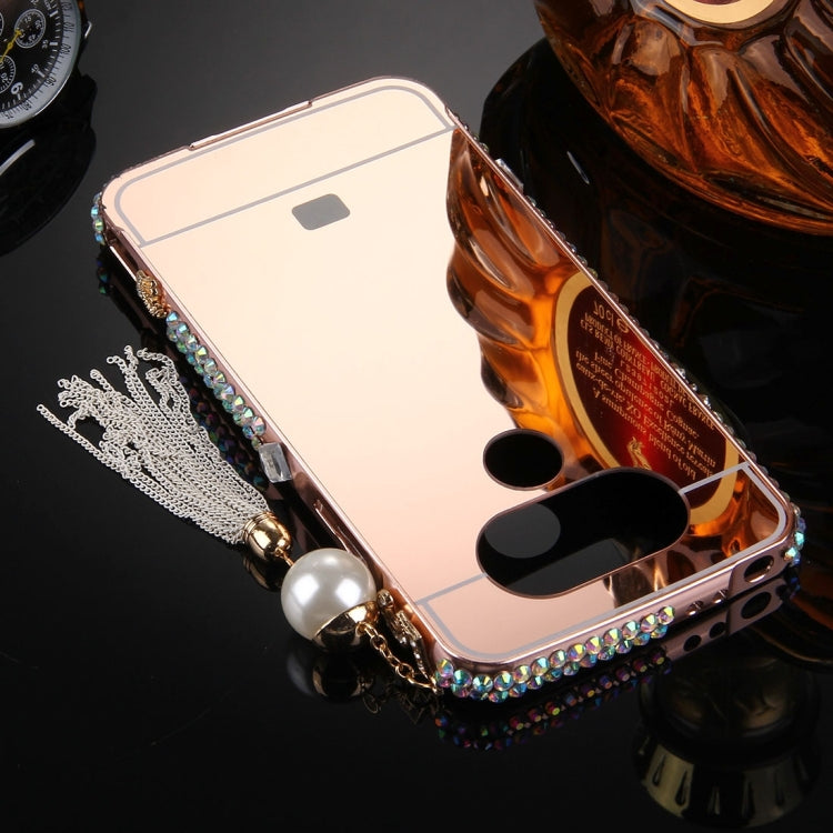 For LG G5 Pearl Chain Pendant Diamond Encrusted Electroplating Mirror PC Protective Cover Case(Rose Gold)