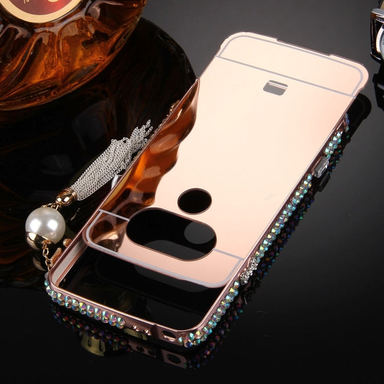 For LG G5 Pearl Chain Pendant Diamond Encrusted Electroplating Mirror PC Protective Cover Case(Rose Gold)
