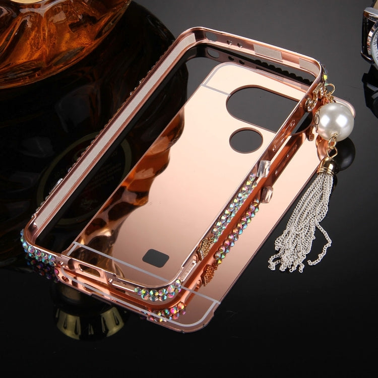 For LG G5 Pearl Chain Pendant Diamond Encrusted Electroplating Mirror PC Protective Cover Case(Rose Gold)