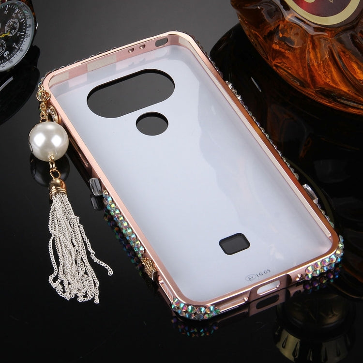 For LG G5 Pearl Chain Pendant Diamond Encrusted Electroplating Mirror PC Protective Cover Case(Rose Gold)