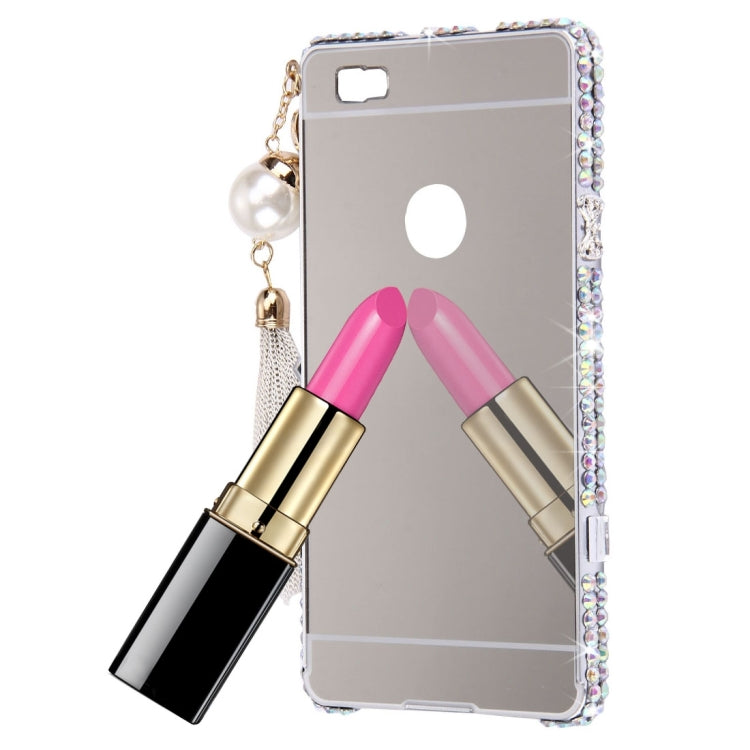 For Huawei  P8 Lite Pearl Chain Pendant Diamond Encrusted Electroplating Mirror PC Protective Cover Case(Silver)