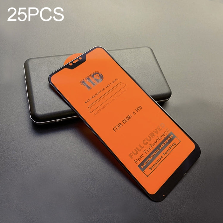 25 PCS mietubl Scratchproof 11D HD Full Glue Full Curved Screen Tempered Glass Film for Xiaomi Redmi 6 Pro / Mi A2 Lite (Black)