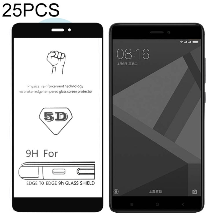 25 PCS 9H 5D Full Coverage Silk Printed Screen Protector Tempered Glass for Xiaomi Redmi Note 4X